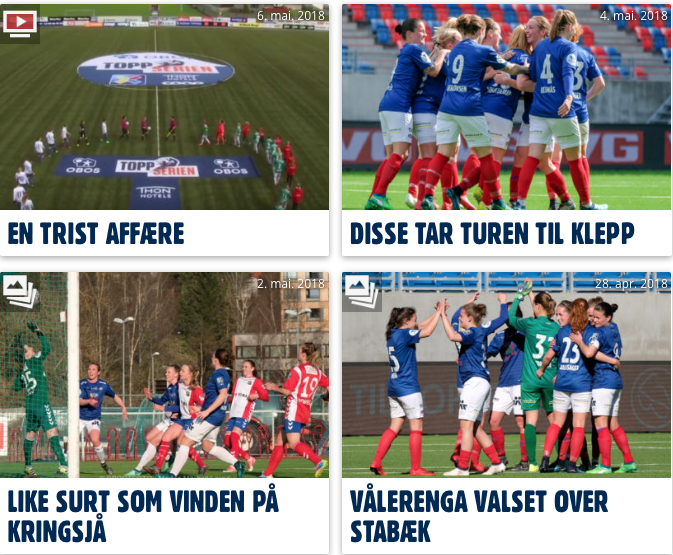 Slik ser nyhetsoversikten ut på Vålerenga Damers nye nettsider (Skjermdump fra vif-damefotball.no)