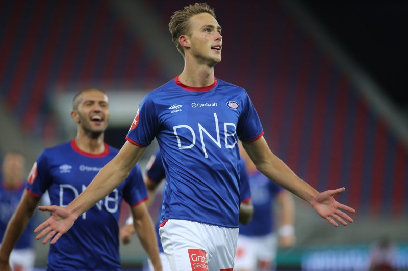 Magnus Retsius Grødem jubler for 2-0-scoringa mot Tromsø (Foto: Geir Olsen / NTB scanpix)